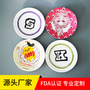 晶湖批發10cm日式卡通密胺碟4寸深圓盤貼花密胺點心盤美耐皿圓盤
