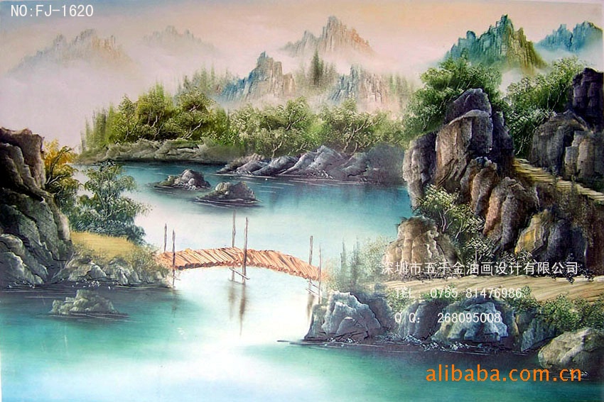 《小桥流水》 风景油画 山水画 风水画 办公室客厅装饰画 60*120cm