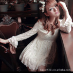 2011秋装新款连衣裙 钩花蕾丝边公主袖高腰连衣裙 2-8176 杏