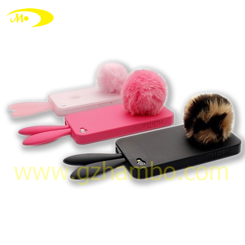 可爱兔子耳朵手机壳 毛球手机套 新款硅胶苹果iphone4/4S手机壳