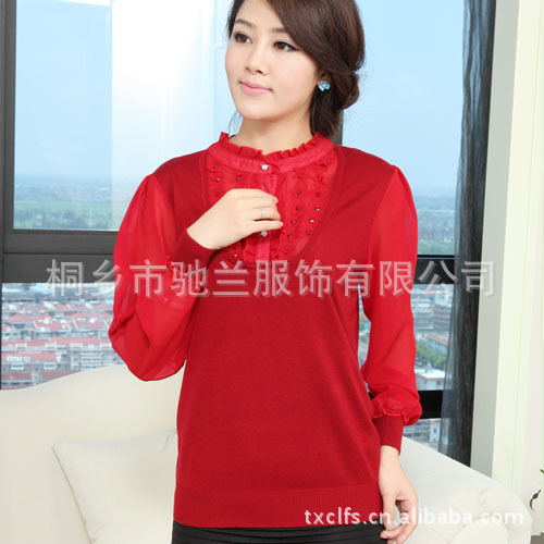 秋冬装新款韩版女装纯色长袖纱袖圆领女式针织羊毛衫 