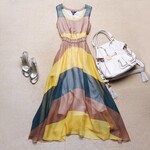 双双服装2012新款 彩色宽条下摆不对称长款连衣裙