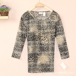 大码女装欧单尾单大码莫代尔长袖豹纹九分袖秋衫显瘦长款秋衣