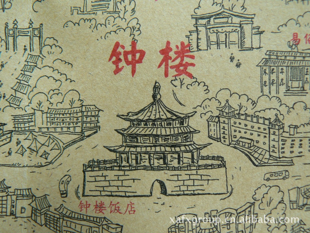 手绘西安地图正面,以钟楼为中心,辐射城墙,二环,三环,众多街道,西安