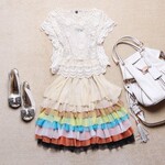 双双服装2012新款 华尔兹 层叠彩虹吊带裙VS钩花小外衣