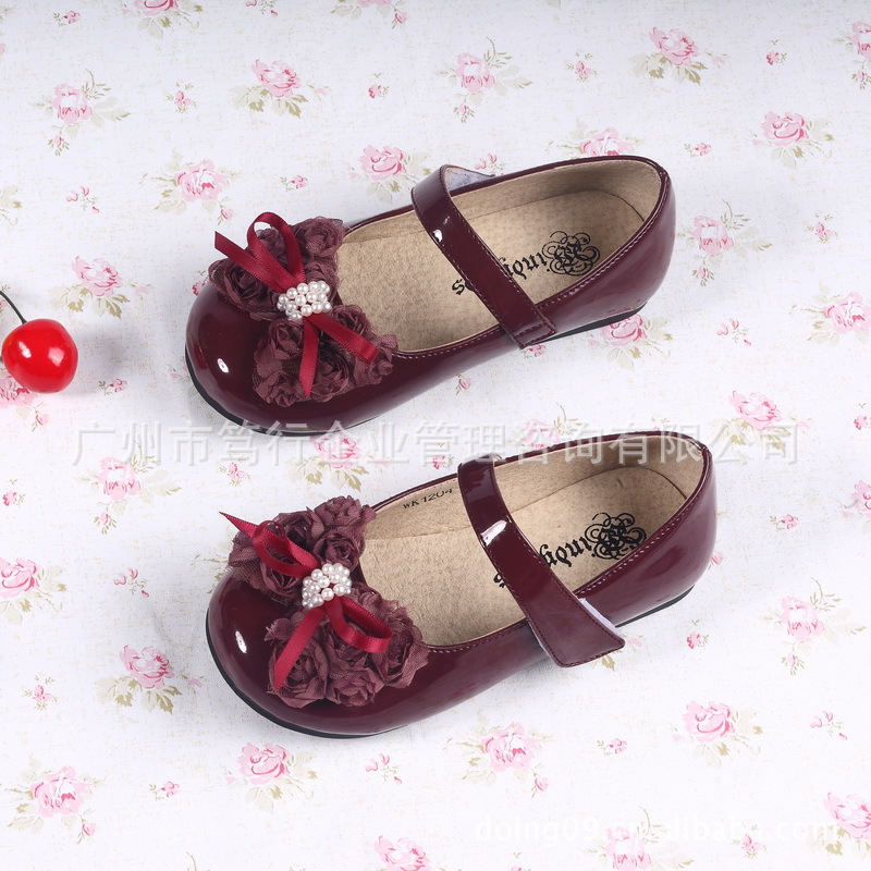 秋款童鞋儿童公主鞋单鞋 韩版萝莉枣红色珠链花朵女童皮鞋WK1204