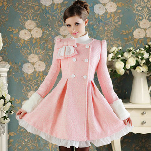 娃娃款粉色蕾絲邊女裝大蝴蝶結荷花葉大擺裙厚毛呢長款大衣外套 免運費