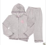 春秋女儿童装全棉刺绣天鹅绒荷叶边运动服/休闲套装