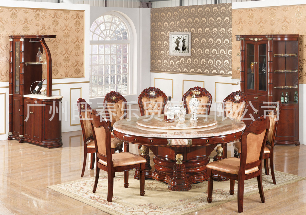 大理石餐桌圆桌 实木橡木椅 红龙玉台面 真皮玉石椅子 直径1.8米