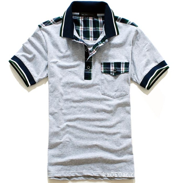 纯棉格纹修身翻领短袖T恤