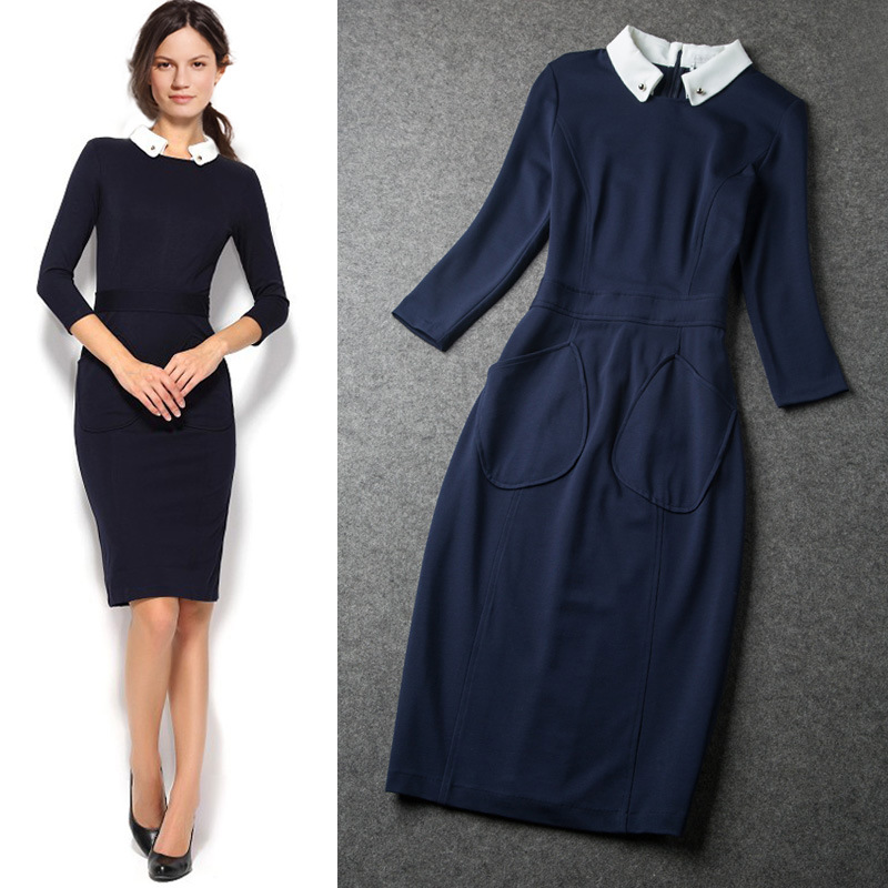 春秋新款女裝歐美長袖OL顯瘦翻領包臀氣質大碼修身連衣裙 免運費
