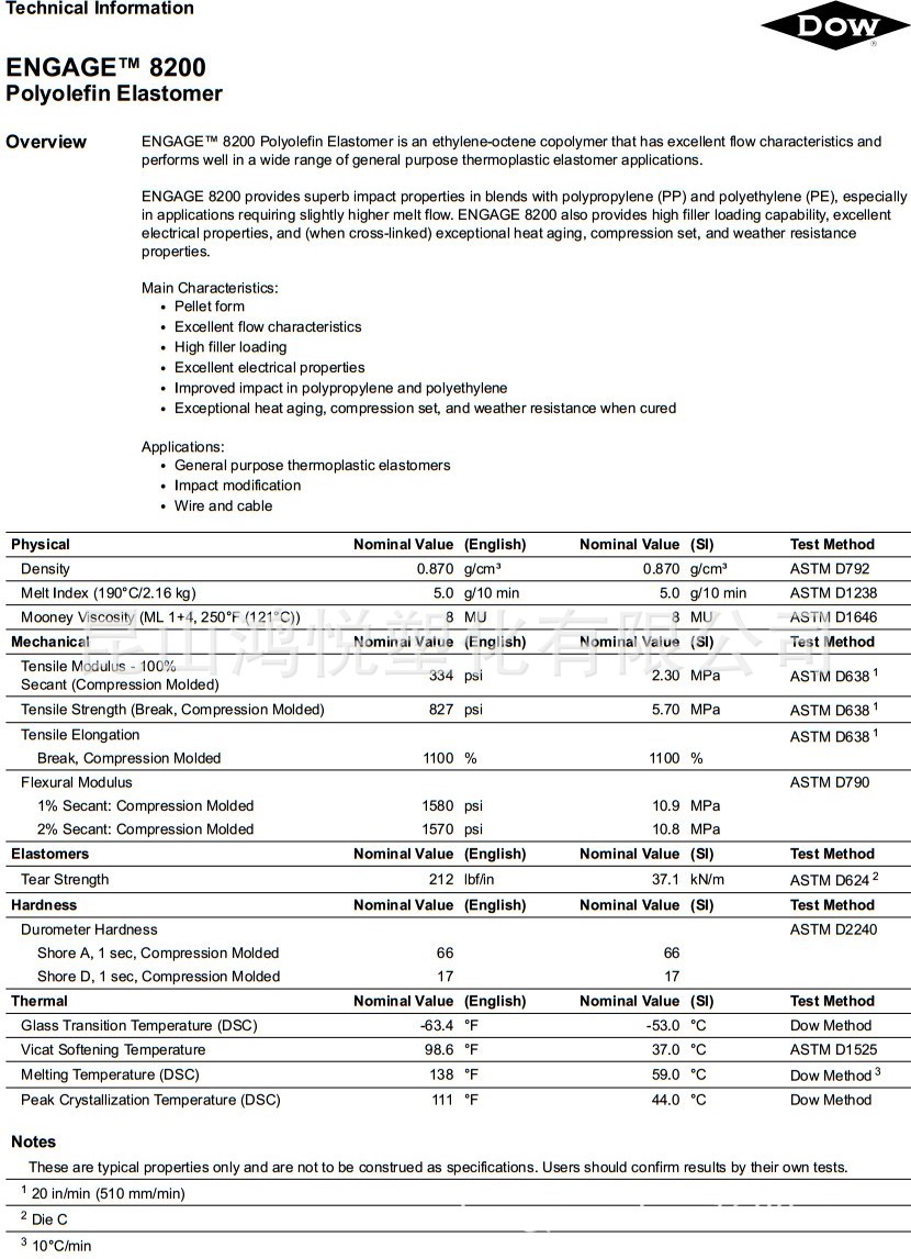 工程塑料poe 美国陶氏 8200 官方物性表