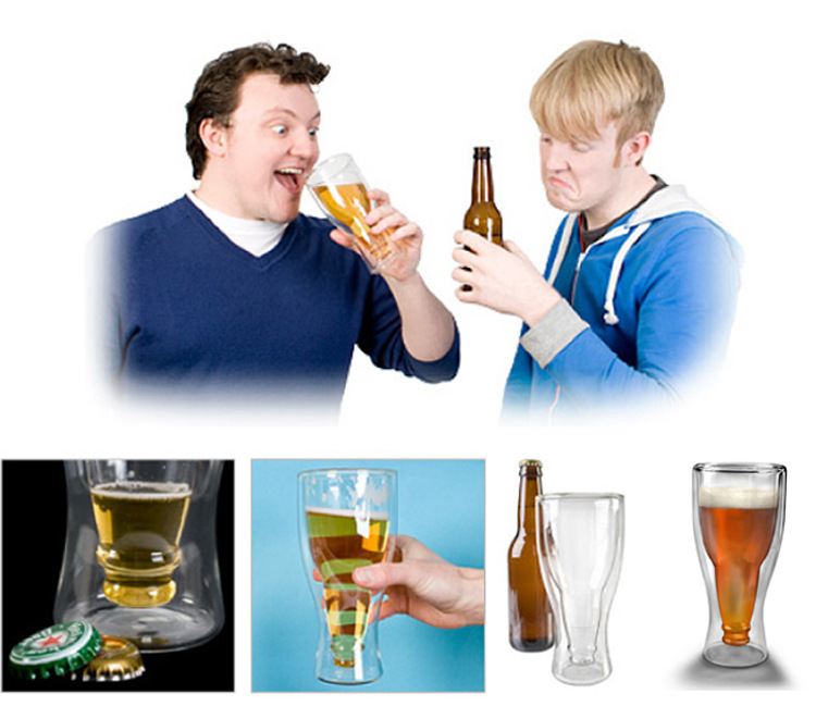 个性双层玻璃杯 双层啤酒杯 倒啤酒瓶双层杯