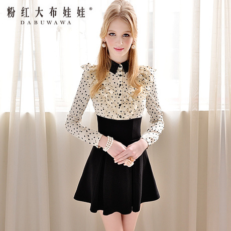春裝杏底黑愛心鑲拼荷葉邊襯衫 氣質長袖連衣裙 修身波點雪紡裙 免運費