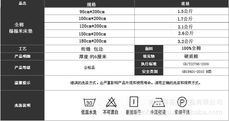 全棉尺寸重量