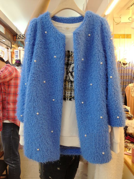韓國代購2013秋冬女裝新款毛絨大衣大碼釘珠顯瘦大衣女式毛呢外套批發・進口・工廠・代買・代購