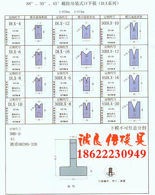 88°、30°、45°、螺栓吊裝式1V下模