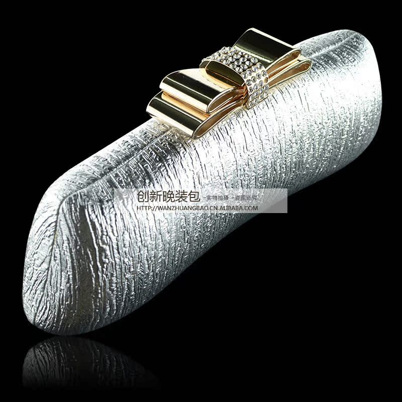 女士手拿包銀色樹皮紋金色金屬蝴蝶結晚宴包