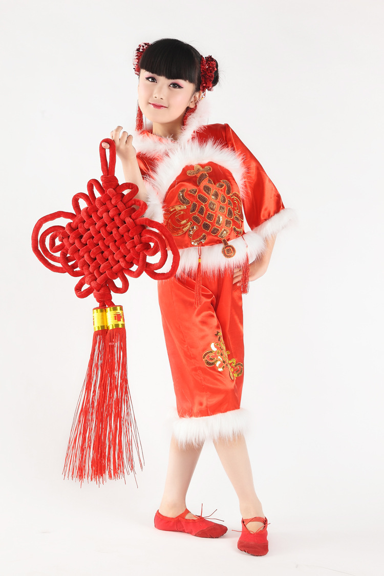 儿童民族秧歌舞表演服装 汉族中国结喜庆演出服 过年开门红服饰