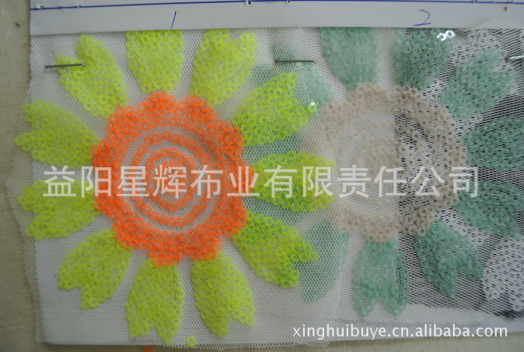 三厘亮片荧光片网布底太阳花电脑绣花布,春季新款女装面料,E61