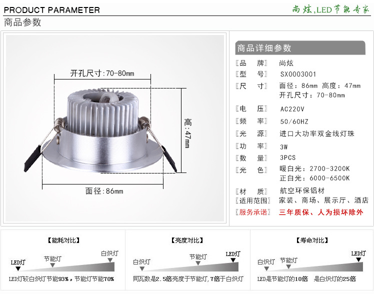 尚炫3WLED天花灯参数