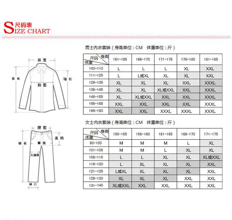 保暖內衣尺碼表