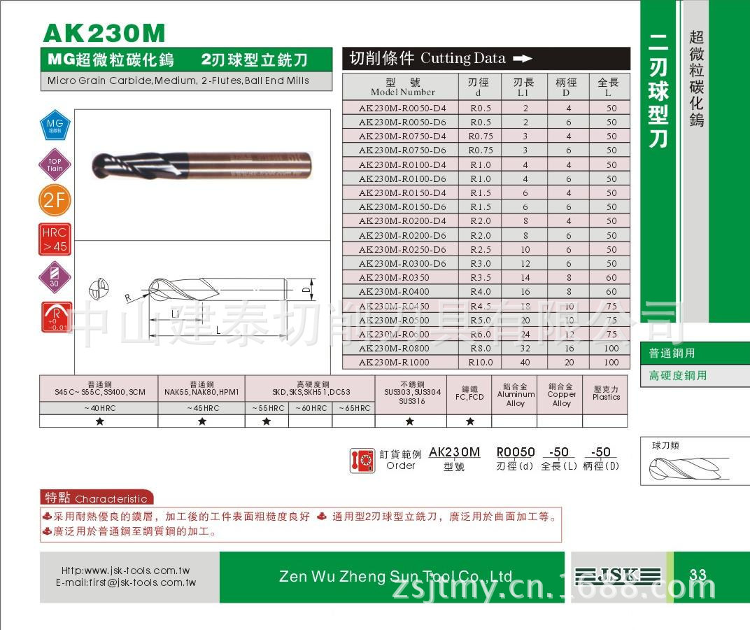 供应jsk/杰思克ak230m标准型2刃钨钢球刀