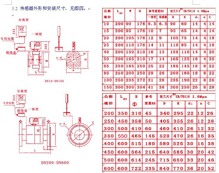 传感器电磁流量计尺寸图