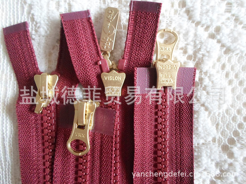 YKK5#树脂双开金色CA头酒红85cm德上