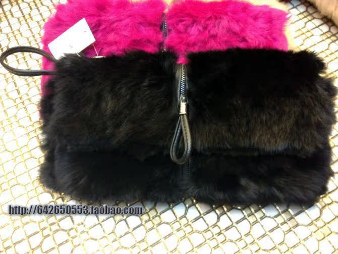 拉鏈裝飾高端兔毛皮草手拿包單肩包女包