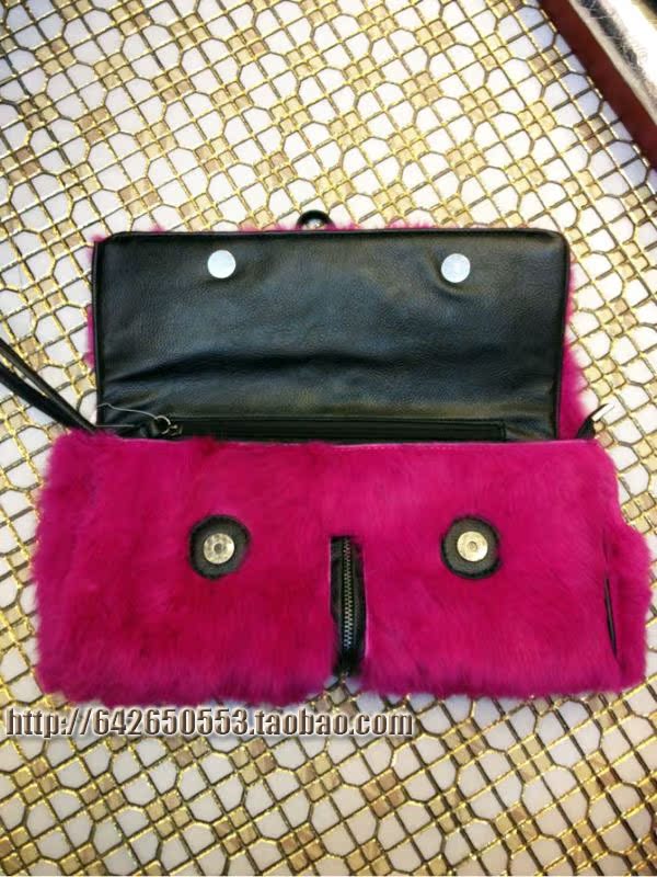 拉鏈裝飾高端兔毛皮草手拿包單肩包女包