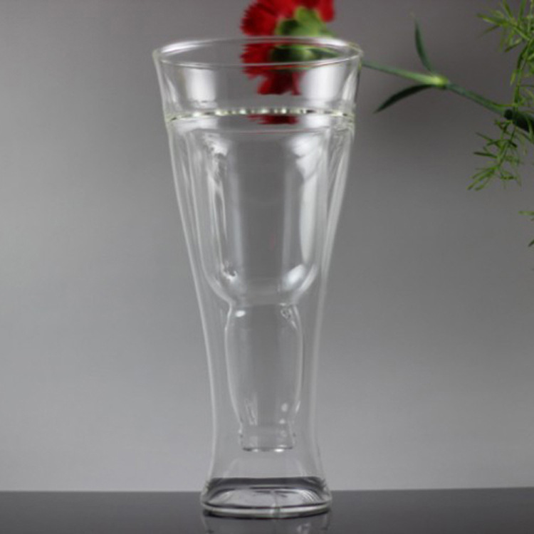 个性双层玻璃杯 双层啤酒杯 倒啤酒瓶双层杯