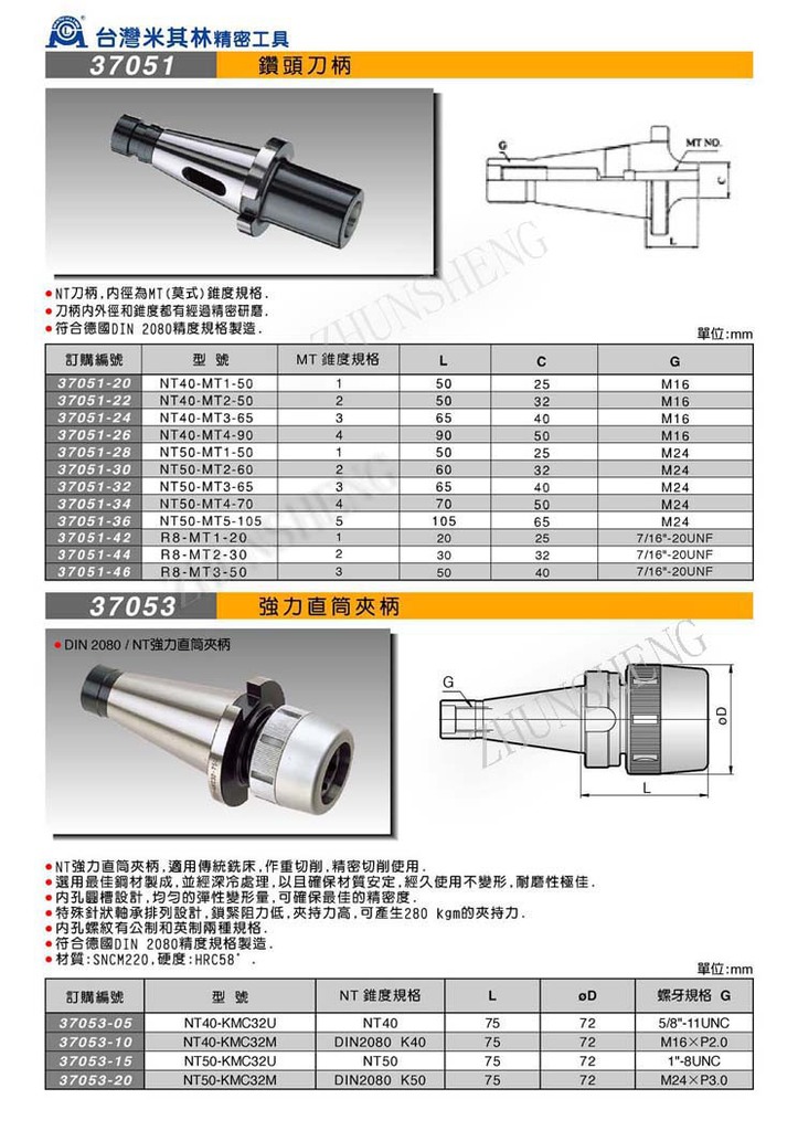 37051-37053 鑽頭刀柄 強力直筒夾柄