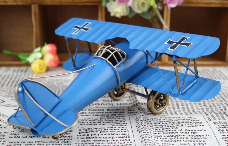 zakka杂货 复古双翼飞机模型 纯手工做旧铁皮飞机 航空模型玩具