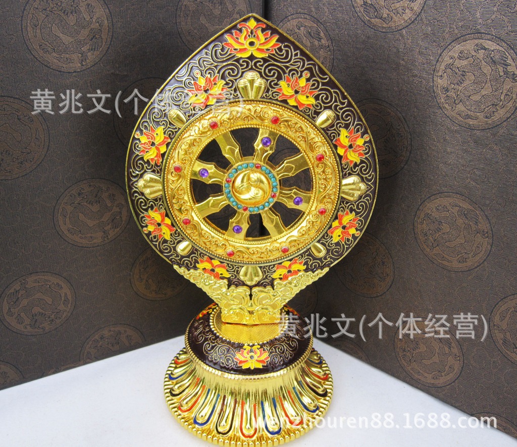 佛教密宗法器 精美珐琅 中轮可转动 常转镀金大法轮宝 法轮摆件