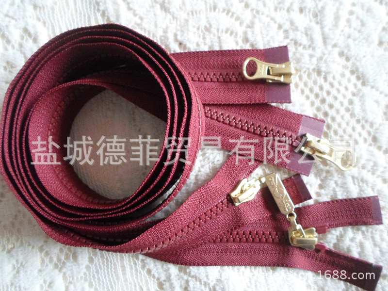 YKK5#树脂双开金色CA头酒红85cm德