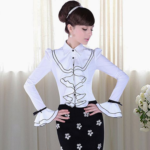 春秋新款女裝白色雙層荷葉邊黑蝴蝶結泡泡長袖OL襯衫 喇叭袖襯衣 免運費 