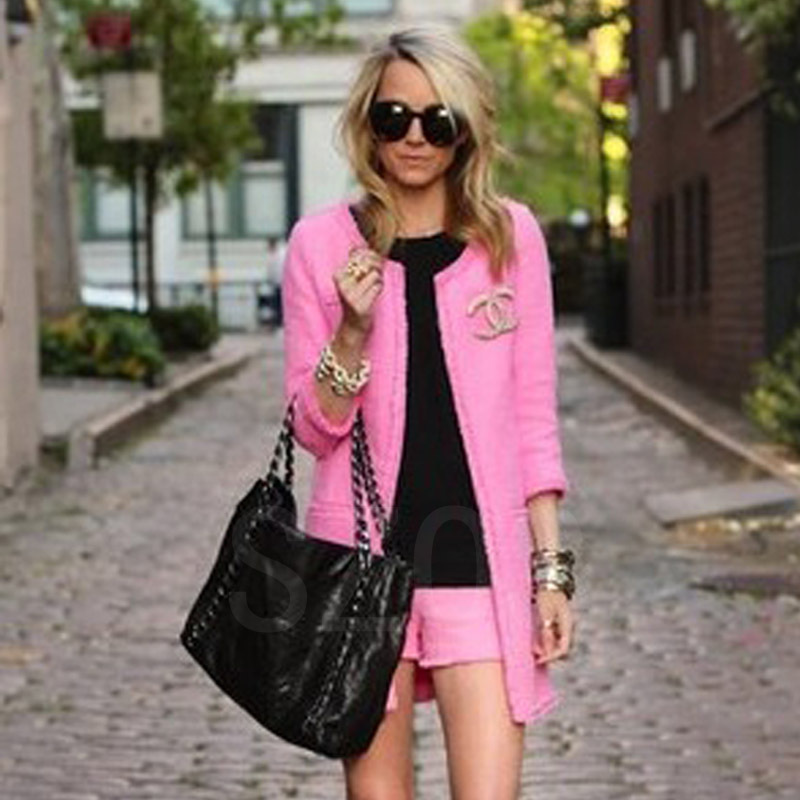 早春新品歐美大牌名媛小香風 珊瑚紅修身毛呢外套短褲套裝 免運費