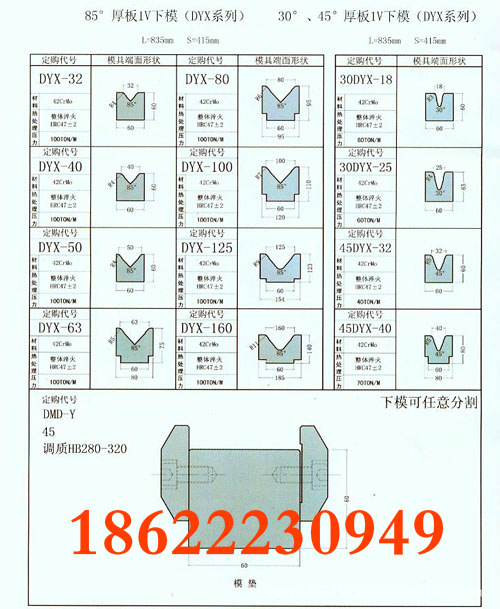 85°、30°、45°、厚板1V下模