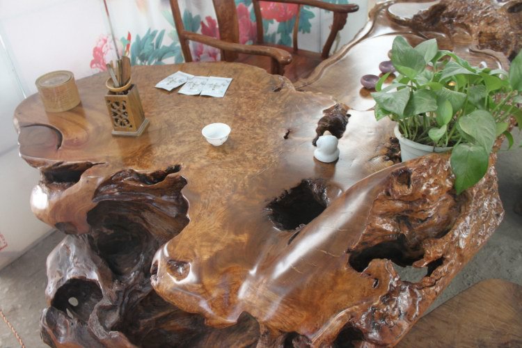 根雕树根茶桌 木雕树头茶台 实木功夫茶几 天然整体脱骨榴包茶海图片