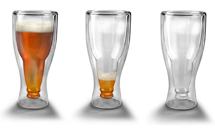 个性双层玻璃杯 双层啤酒杯 倒啤酒瓶双层杯