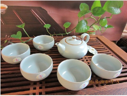 恒福东道汝窑喜乐壶组 陶瓷功夫茶具套装特价 开片汝窑茶壶组合