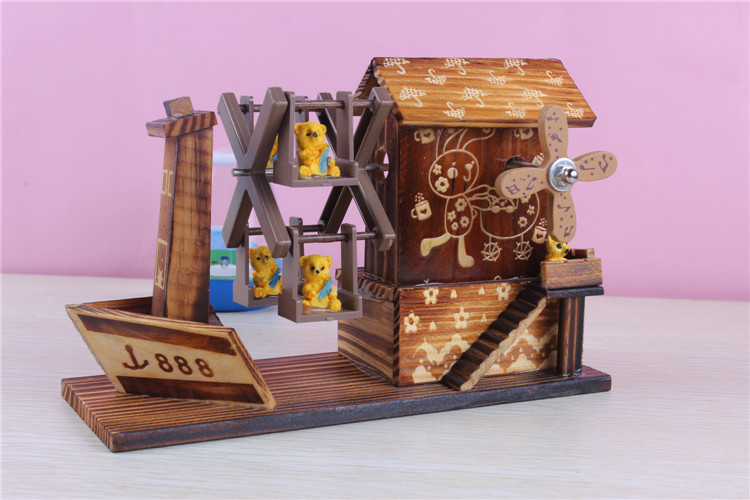 多款小熊摩天轮八音盒 做旧纯手工小磨坊可爱音乐盒批发