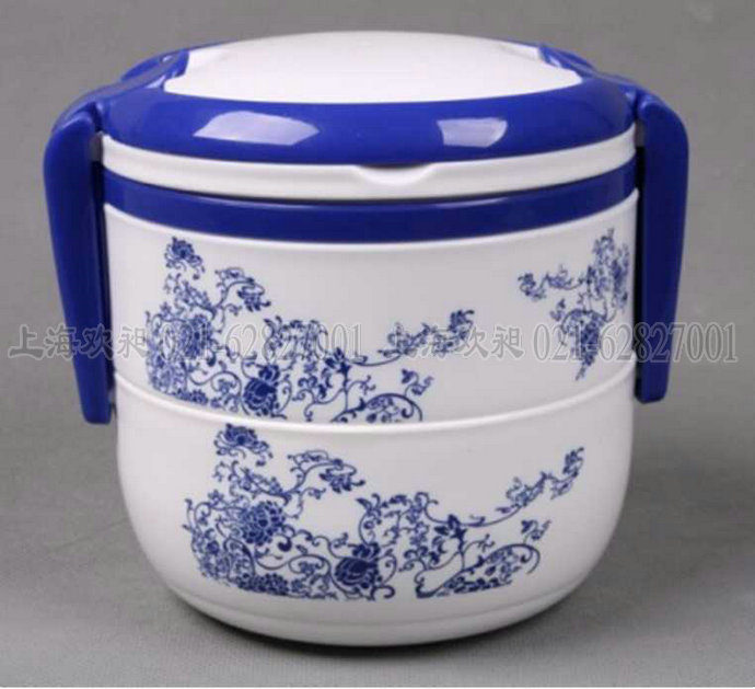 兩層手提飯盒訂做,上海歡昶禮品公司定製,青花牡丹印花飯盒訂做