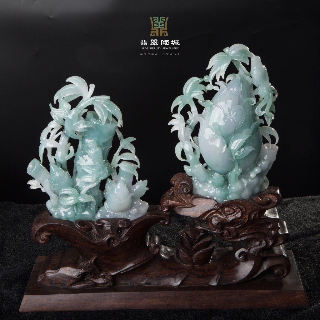 缅甸玉天然翡翠a货 老料糯冰花鸟翡翠摆件 节节高 可出证书