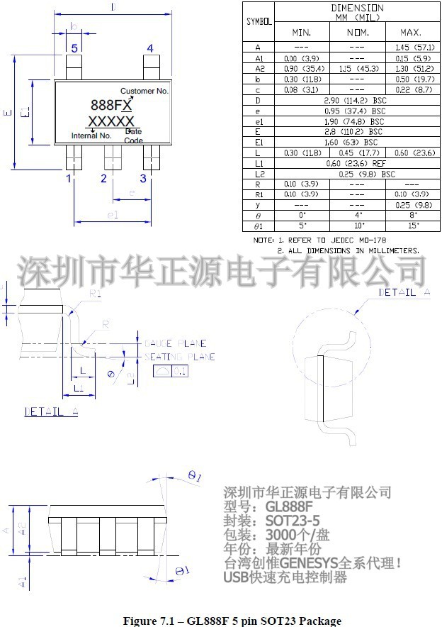 gl888f2(sot23-5)usb快速充电ic,台湾gl全系列代理,量大面议