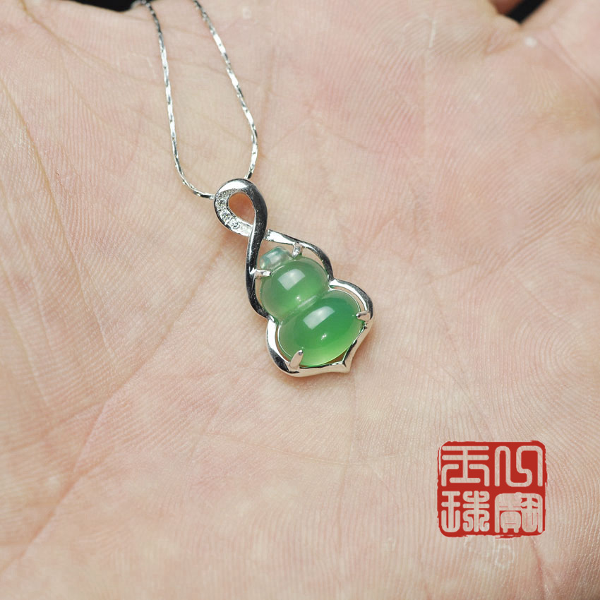 批发天然玉石冰种绿玉髓银镶嵌葫芦吊坠玉一银镶嵌葫芦福禄吊坠