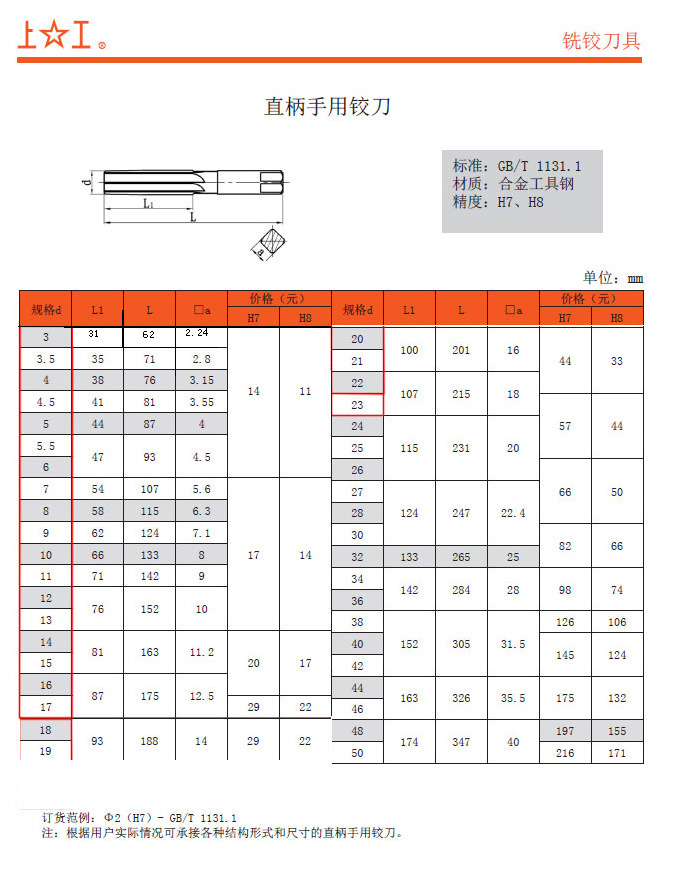 [含税]上工 直柄手用铰刀 3~50(h8)