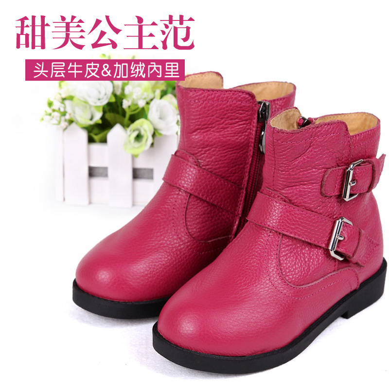 七星蛙秋冬爆款童靴 甜美公主范儿童棉靴头层牛皮加绒内里靴子