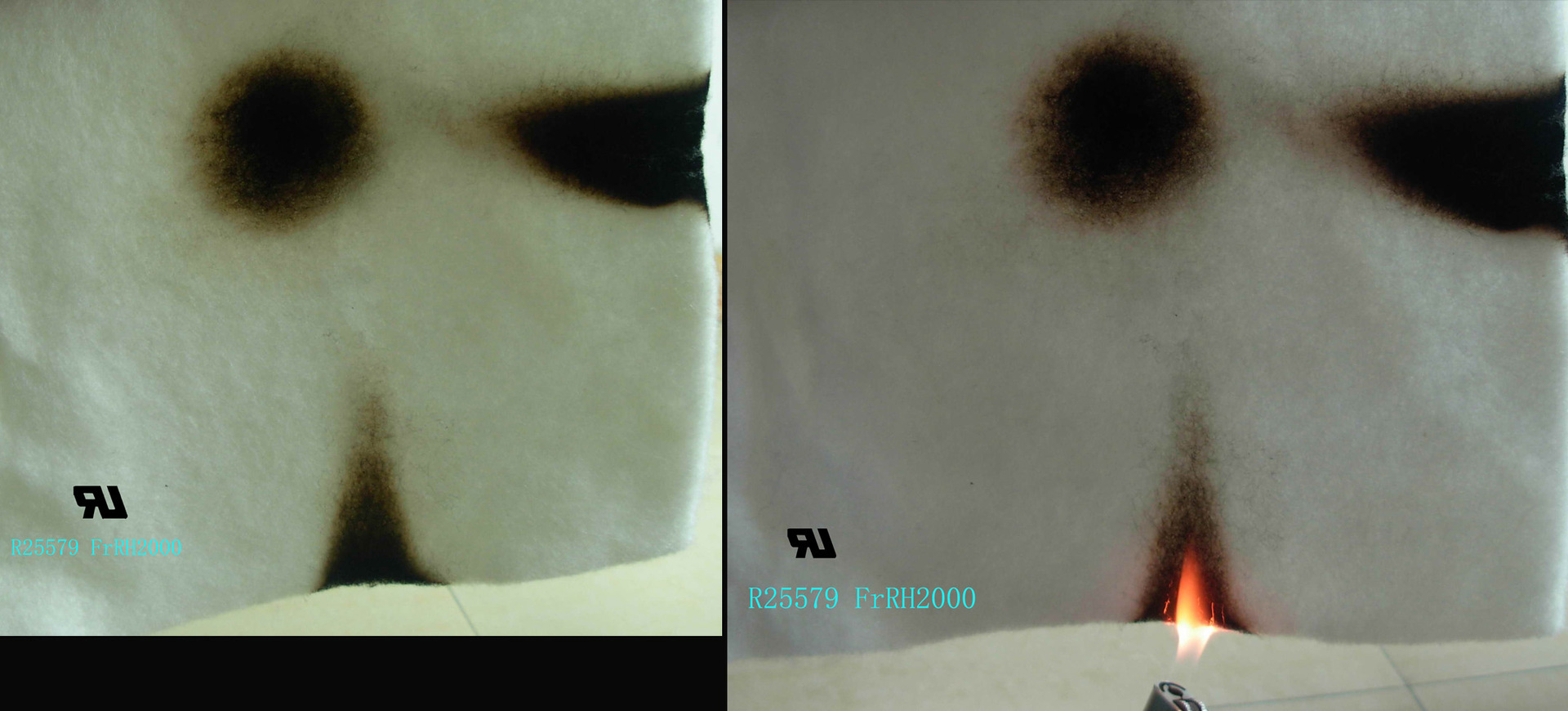 阻燃棉燃烧前后对比